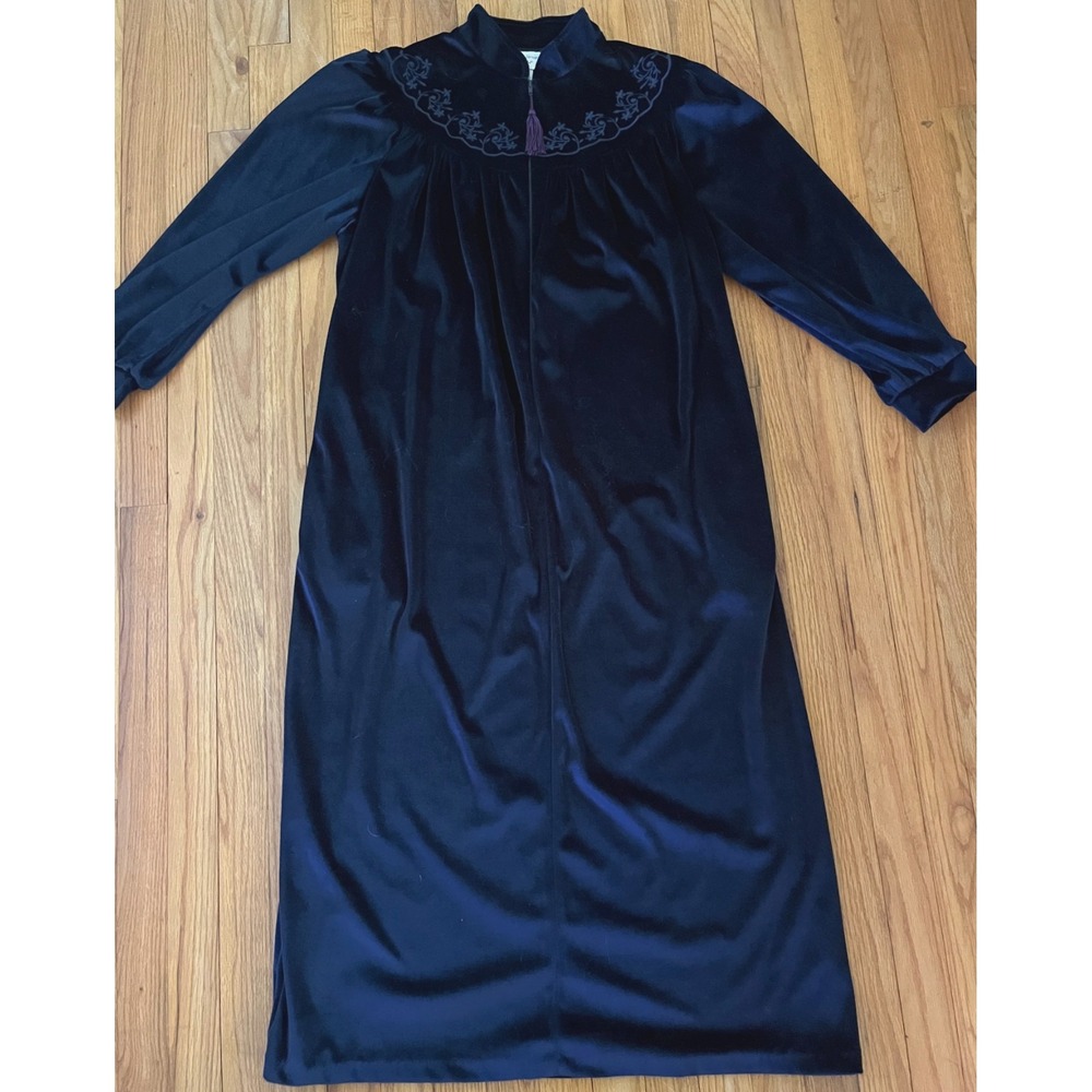 Vintage Amanda Steward Intimates Navy Velour Zip House Coat Robe Women M 1980s